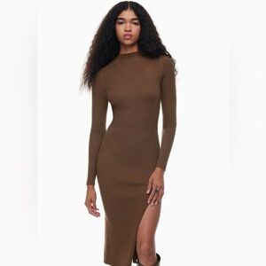 Aritzia Wilfred Ribbed Knit Mockneck Midi Dress Brown XXS 🤎✨